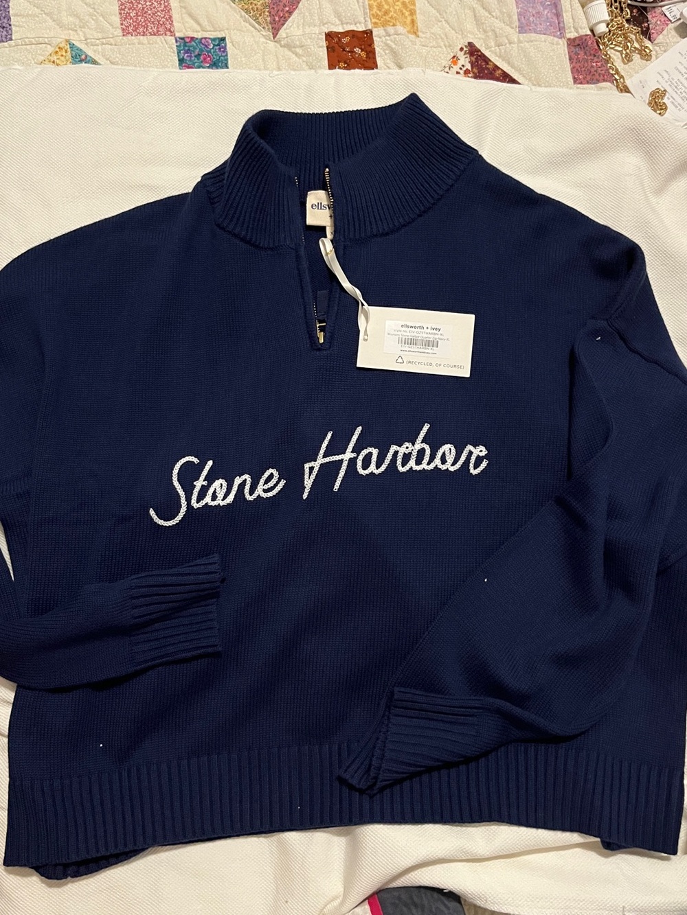 Ellsworth & Jones Navy Half-Zip Cowl Sweater - 'Stone Harbor' Embroidered